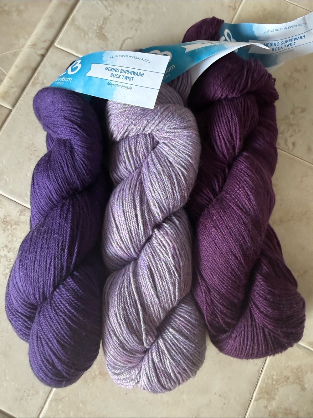 Cloudborn Fibers Merino Superwash Yarn in Purple Hues- 3 Skeins